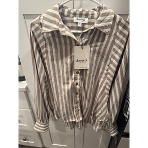 &merci En Merci Womens Tan White Striped Button Down Blouse Top Medium NWT